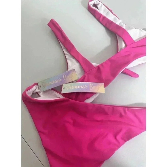 Shimmer Bay Pink 2 Piece Swimsuit Set Bikini Tie Front Barbie Size Junior Large - Picture 10 of 10